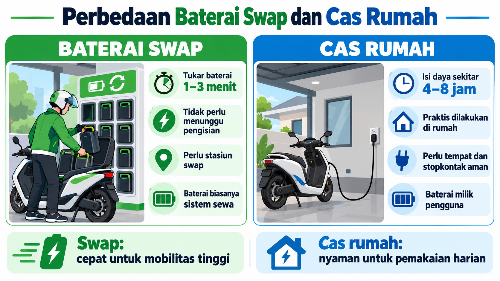 Perbedaan Baterai Swap dan Cas Rumah - motor